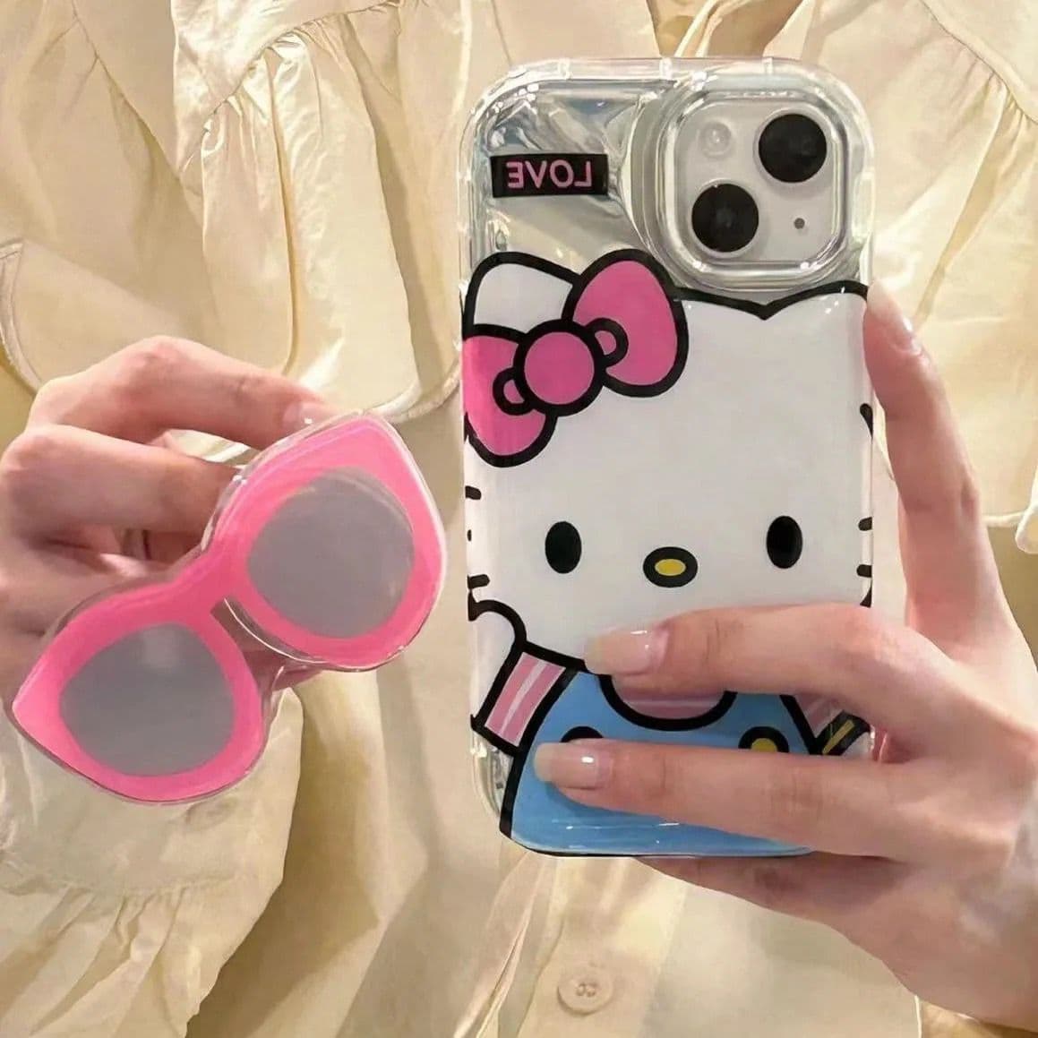 Protective Apple iPhone Back Cover - Hello Kitty With 3D Sunglasses Bracket Phone Holder iPhone Soft Case - Style 3