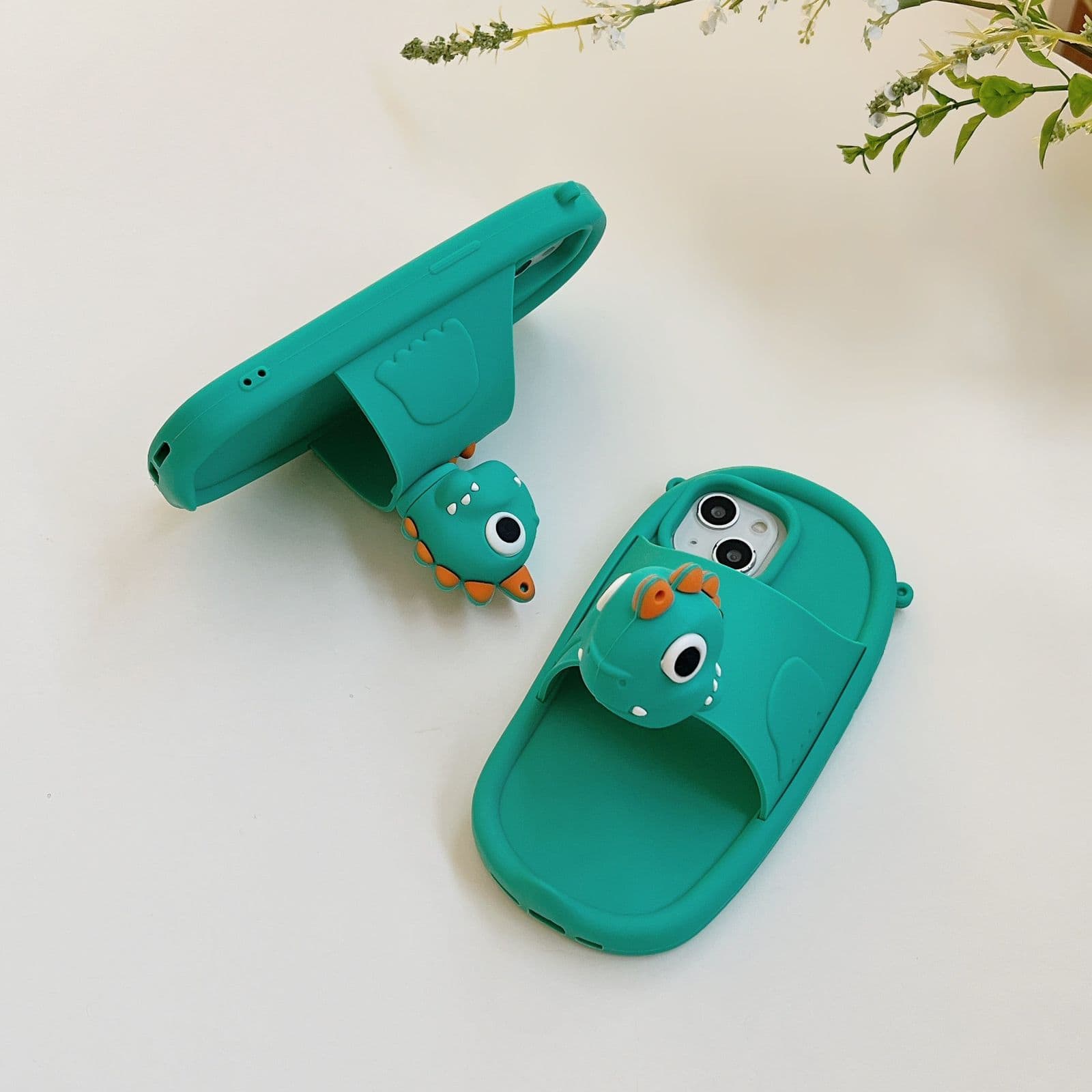 3D Green Dinosaur Phone Holder Rubber Silicone Case