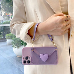Luxury Heart Wallet Crossbody Bracelet Lanyard iPhone Rubber Silicone Case