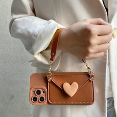 Luxury Heart Wallet Crossbody Bracelet Lanyard iPhone Rubber Silicone Case
