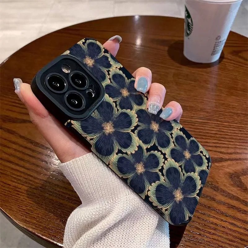 Protective Apple iPhone Back Cover - Big New Dark Blue Green Floral Flowers iPhone Textured Soft Silicone Case