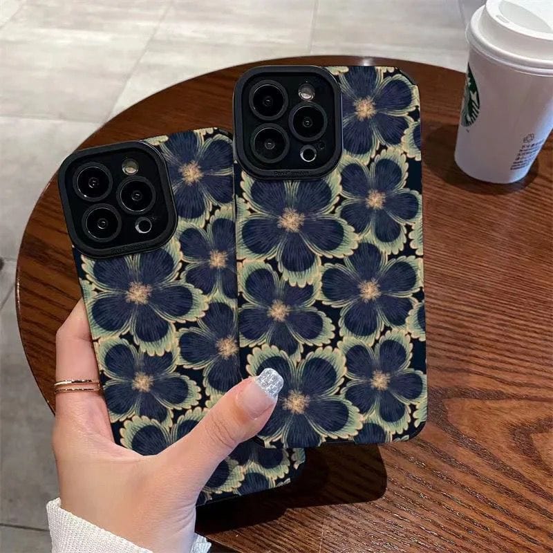 Protective Apple iPhone Back Cover - Big New Dark Blue Green Floral Flowers iPhone Textured Soft Silicone Case - Style 2