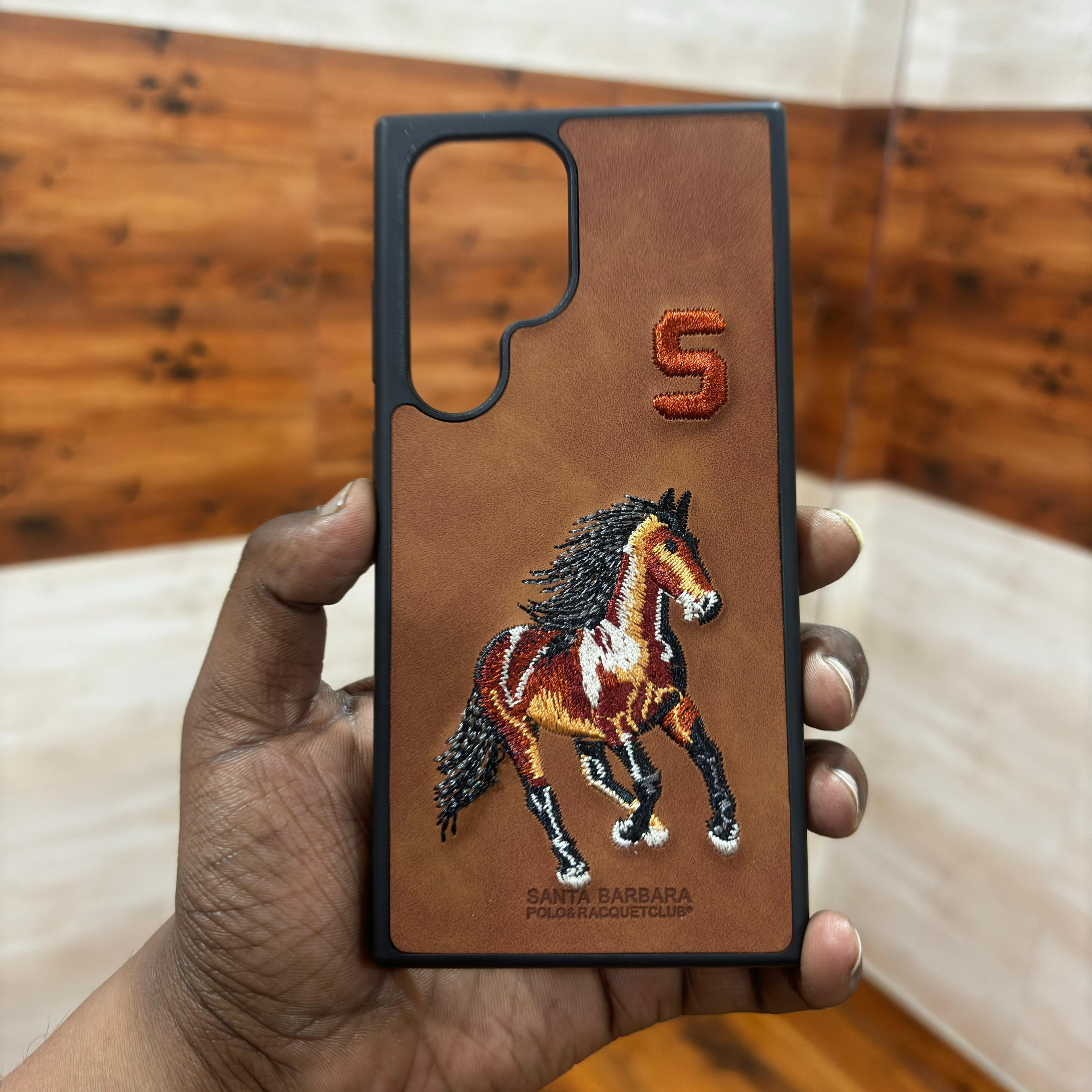 Samsung Galaxy S24 Ultra Embroidery PU Leather Case with Inside Cloth- Horse Mobile Case by CoverMeUp - Style 3