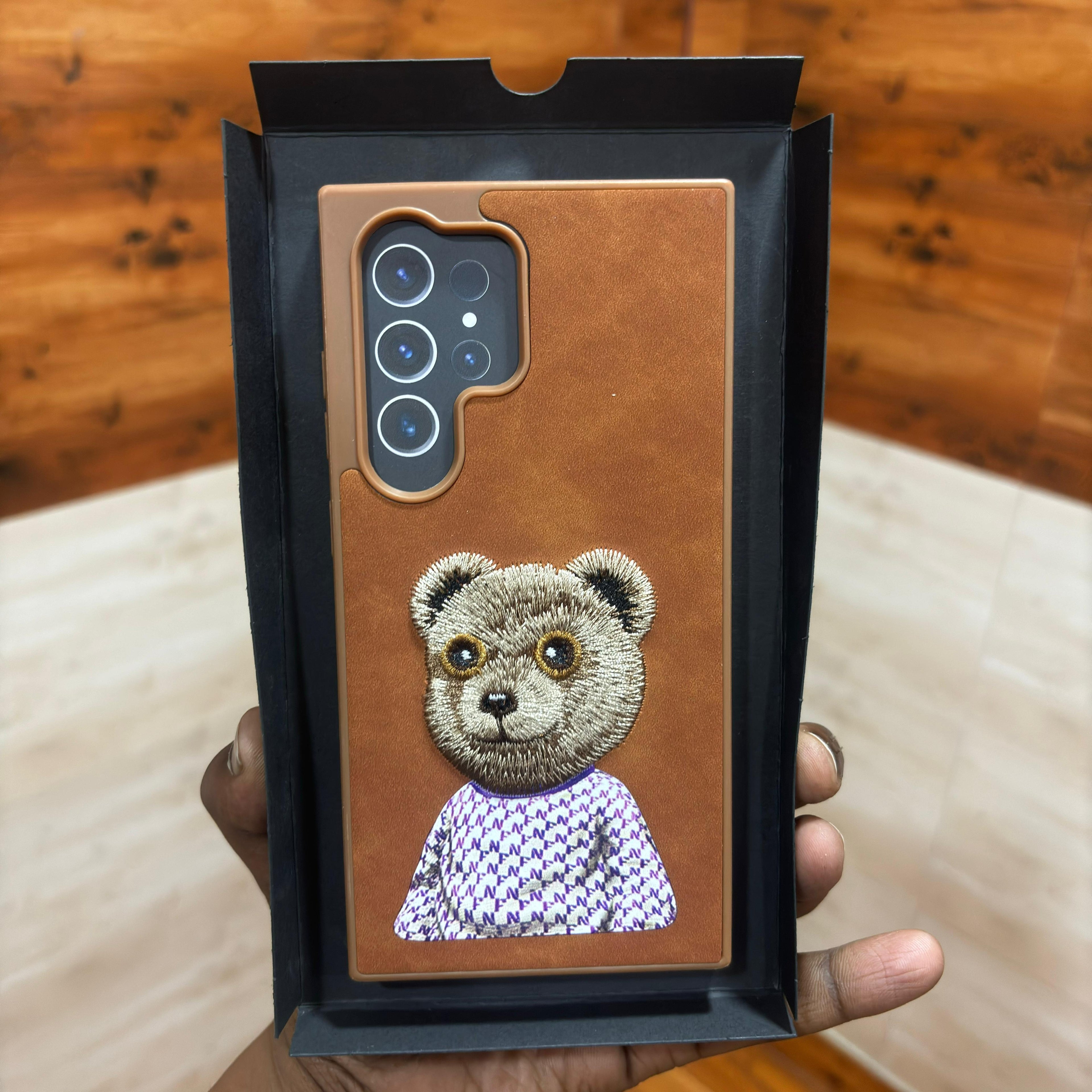 Samsung Galaxy S24 Ultra Embroidery PU Leather Case with Cloth Inside - Bear Mobile Case by CoverMeUp - Style 2