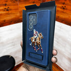 Samsung Galaxy S24 Ultra Polo Embroidery Leather Case with Metal Kickstand - Blue Mobile Case by CoverMeUp - Style 3