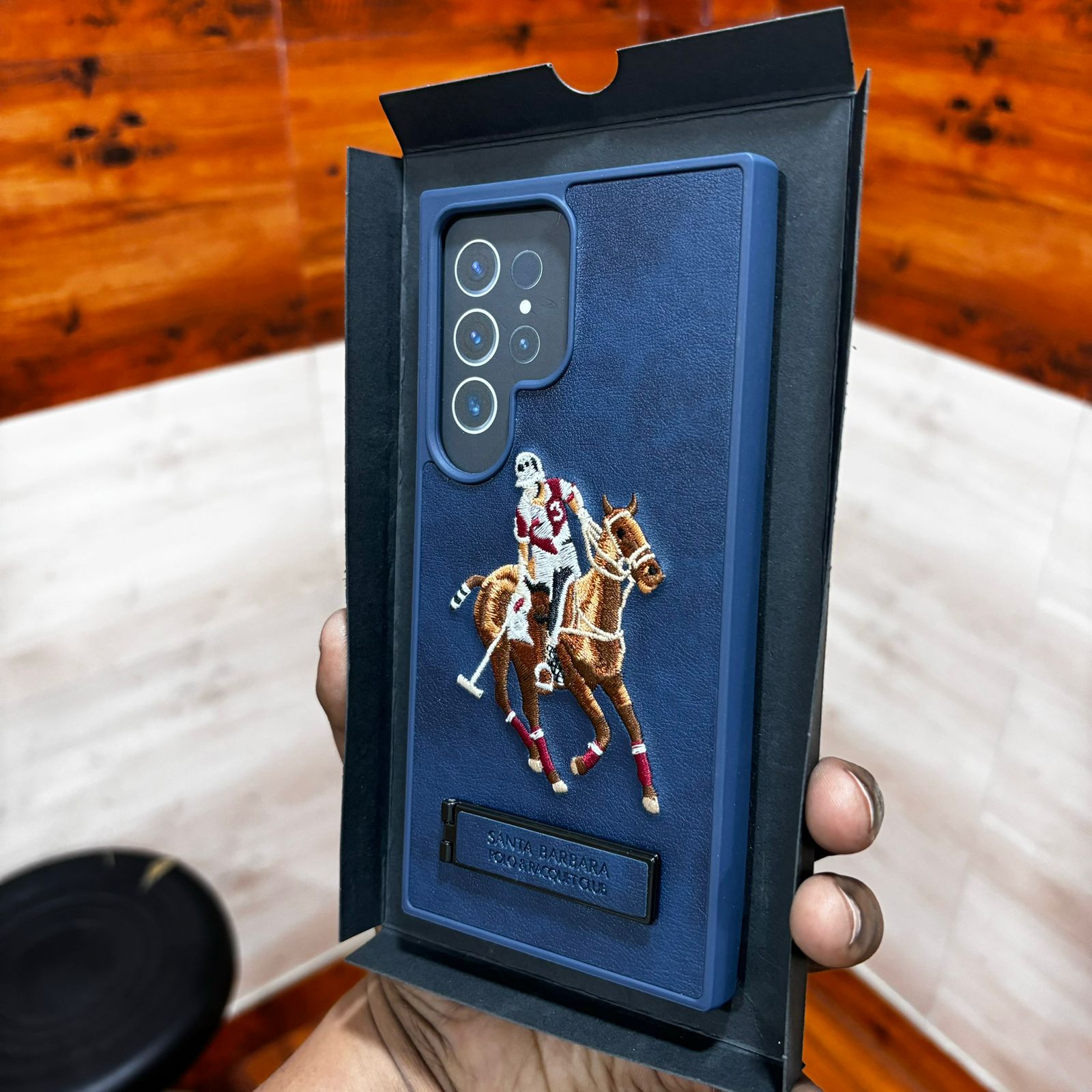 Samsung Galaxy S24 Ultra Polo Embroidery Leather Case with Metal Kickstand - Blue Mobile Case by CoverMeUp - Style 3