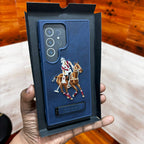 Samsung Galaxy S24 Ultra Polo Embroidery Leather Case with Metal Kickstand - Blue Mobile Case by CoverMeUp - Style 4