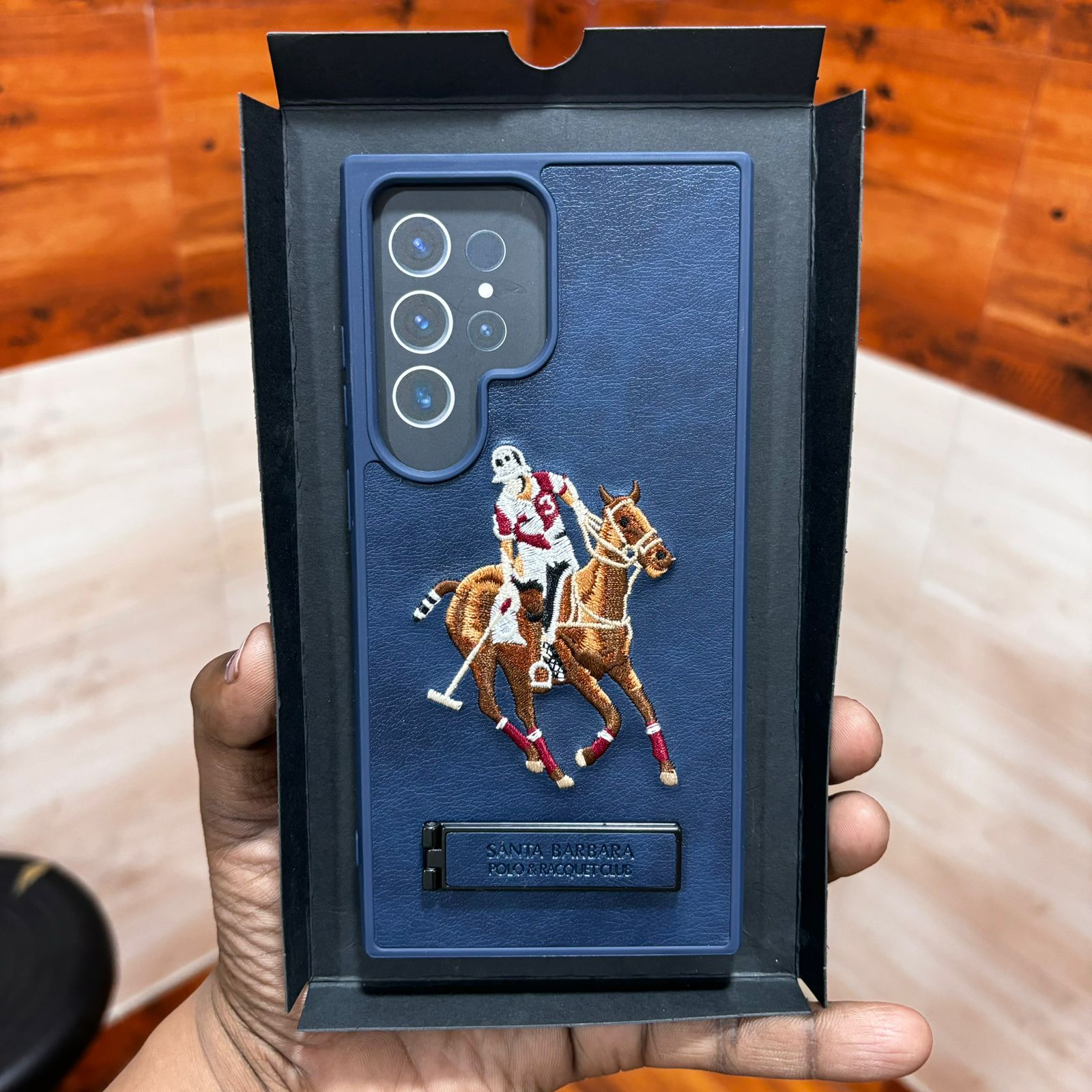 Samsung Galaxy S24 Ultra Polo Embroidery Leather Case with Metal Kickstand - Blue Mobile Case by CoverMeUp