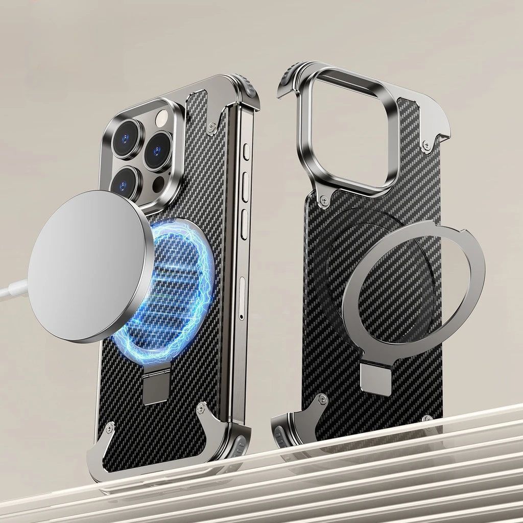 Metallic Frameless Carbon Fibre Shell Case with  Magsafe Stand for iPhone 15 Pro Max