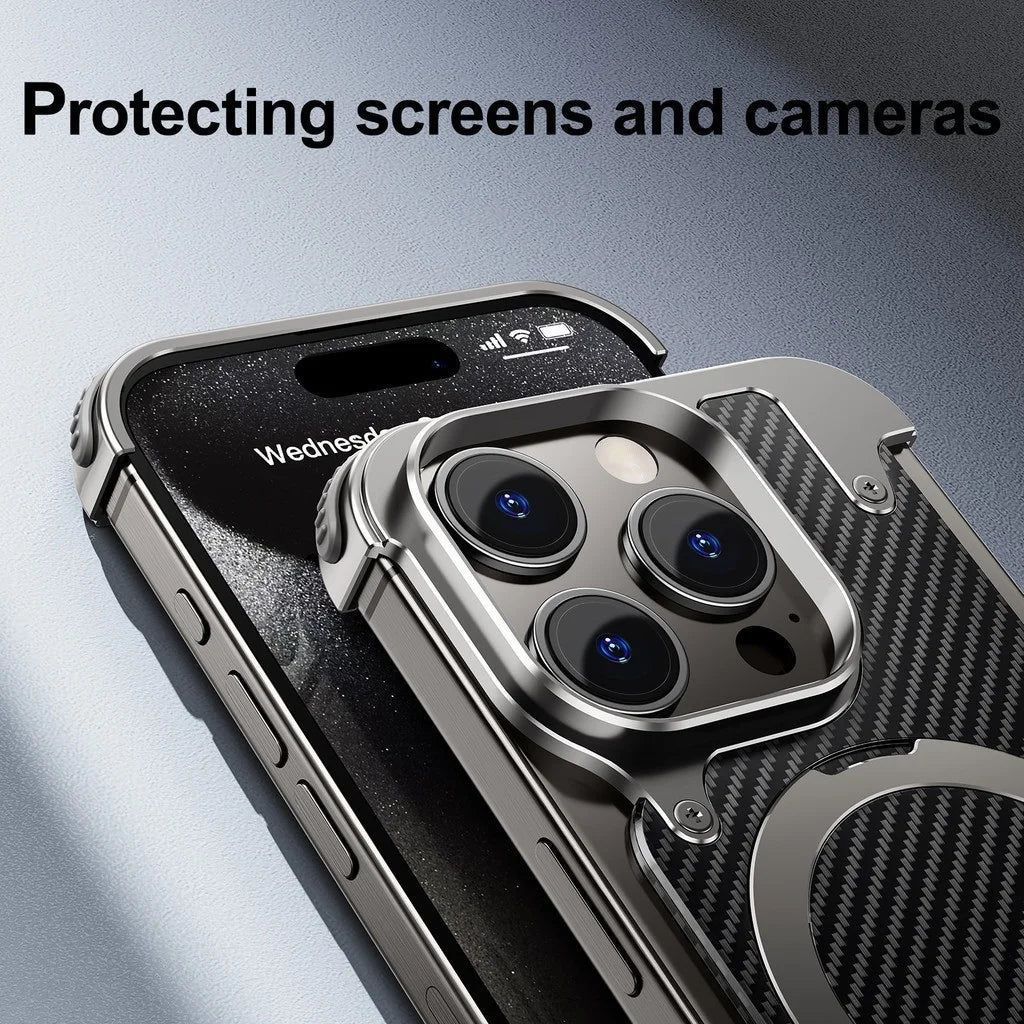 Metallic Frameless Carbon Fibre Shell Case with  Magsafe Stand for iPhone 15 Pro Max