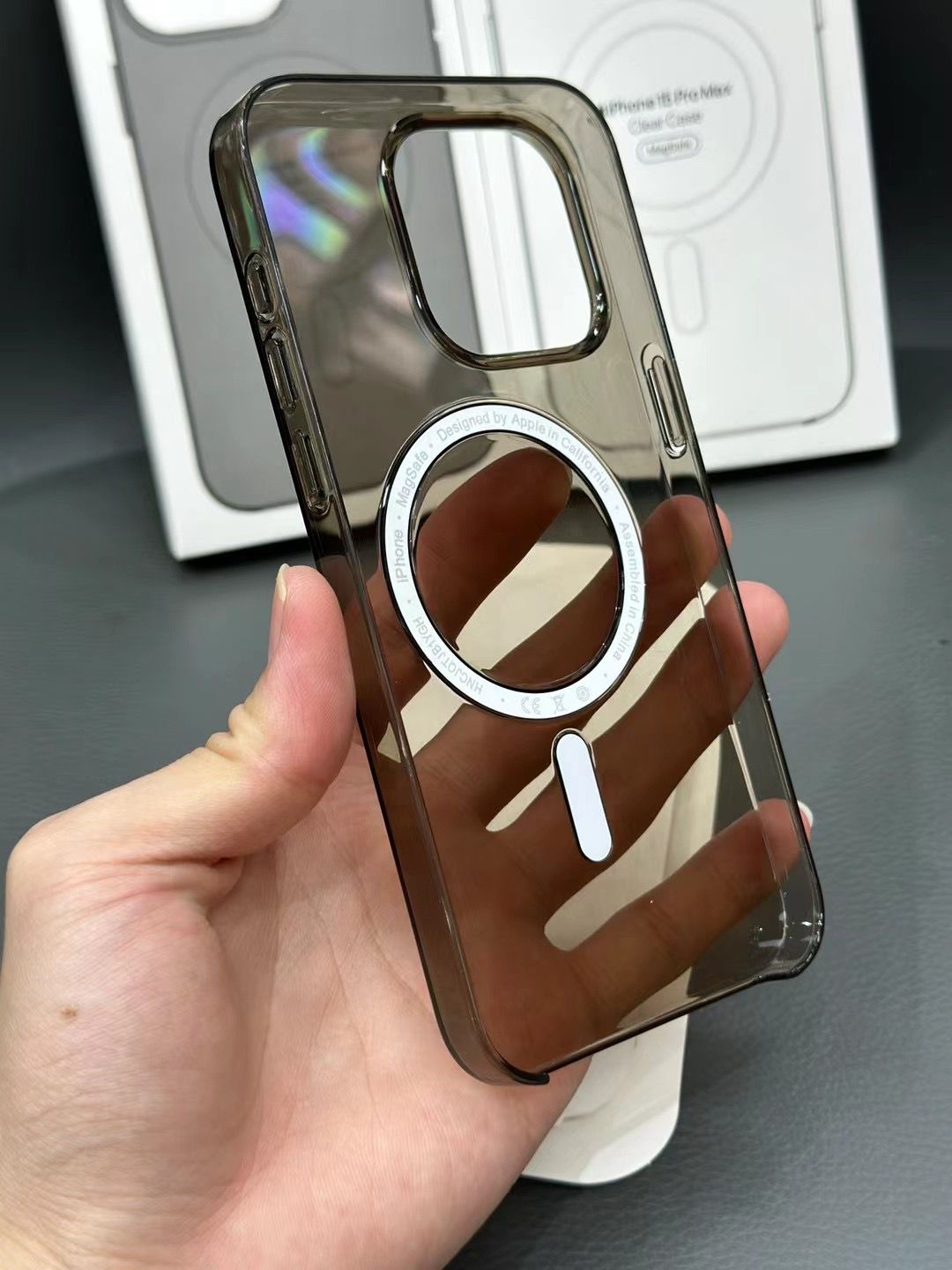Transparent Smoke Grey Gloss Finish Magsafe Compatible Case with Animation/Notification for iPhone 15 Plus