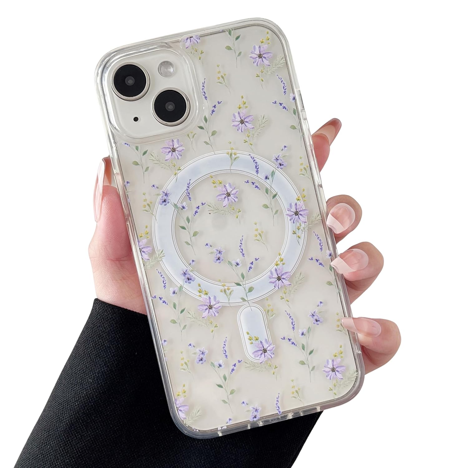 Purple Floral Flower Leaves Custom Magsafe Clear Transparent Hybrid Silicone Slim Case Mobile Case by CoverMeUp