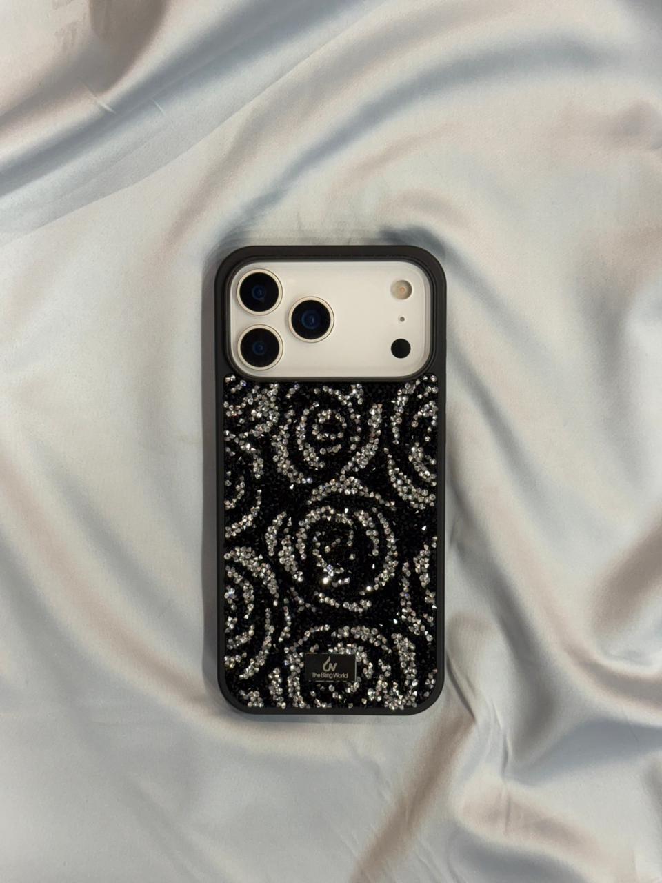 Protective Apple iPhone Back Cover - Bling World Swarovski Rose Design Glitter Case for iPhone 17 Pro (Black)