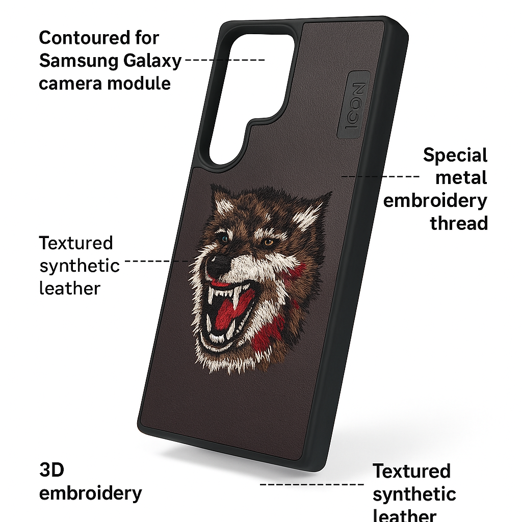 Wolf 3D Embroidered Leather Case for Samsung Galaxy S24 Ultra– Rugged Luxury Protective Cover