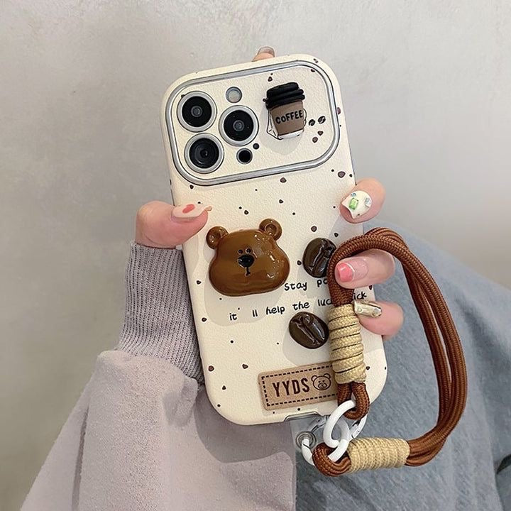 Protective Apple iPhone Back Cover - 3D Bear Stay Positive Lanyard Bracelet iPhone Case For iPhone 14