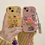 Protective Apple iPhone Back Cover - Yellow 3D Spongebob Strap Lanyard Bracelet iPhone Rubber Silicone Case