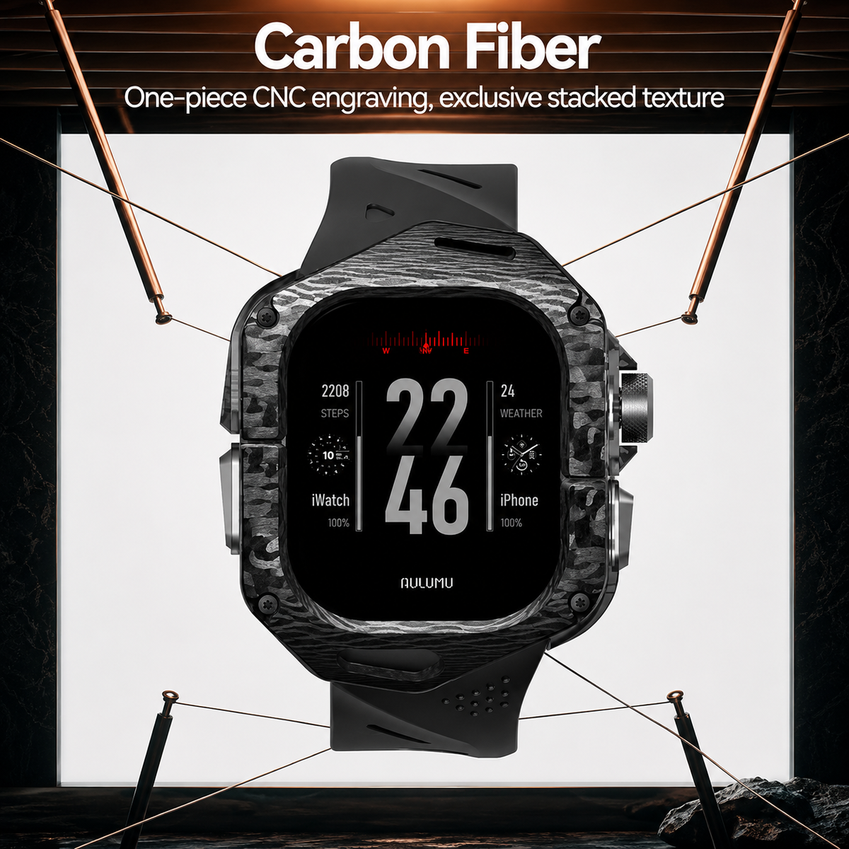 Aulumu A01 Case with Band for Apple Watch Ultra 1/2/3 | Carbon Fiber Cover | FKM Band