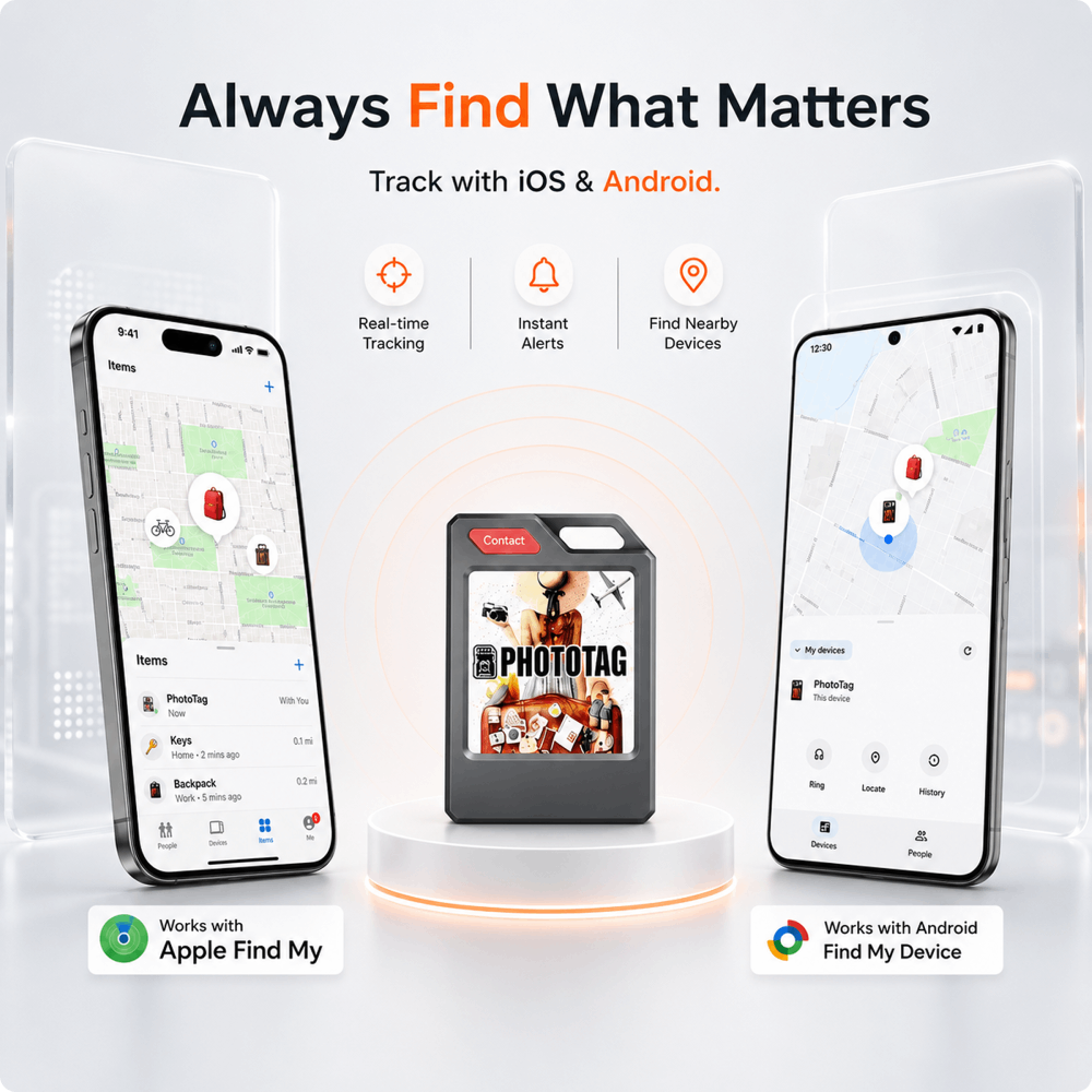 PhotoTag Smart Air Tracker Tags Finder for Android & iOS (Apple Find My & Google Find My Device), Bluetooth Locator for Luggage, Keys, Wallet. Personalized E-Ink Display, Tech Gift