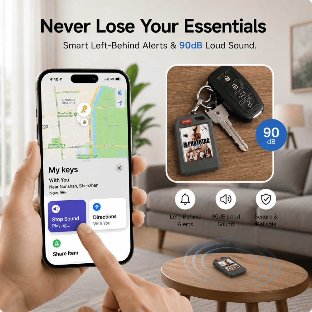 PhotoTag Smart Air Tracker Tags Finder for Android & iOS (Apple Find My & Google Find My Device), Bluetooth Locator for Luggage, Keys, Wallet. Personalized E-Ink Display, Tech Gift