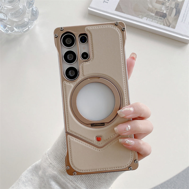 Samsung Galaxy S25 Ultra Leather Metal Bumper Case with Magsafe & Stand - Desert Mobile Case by CoverMeUp