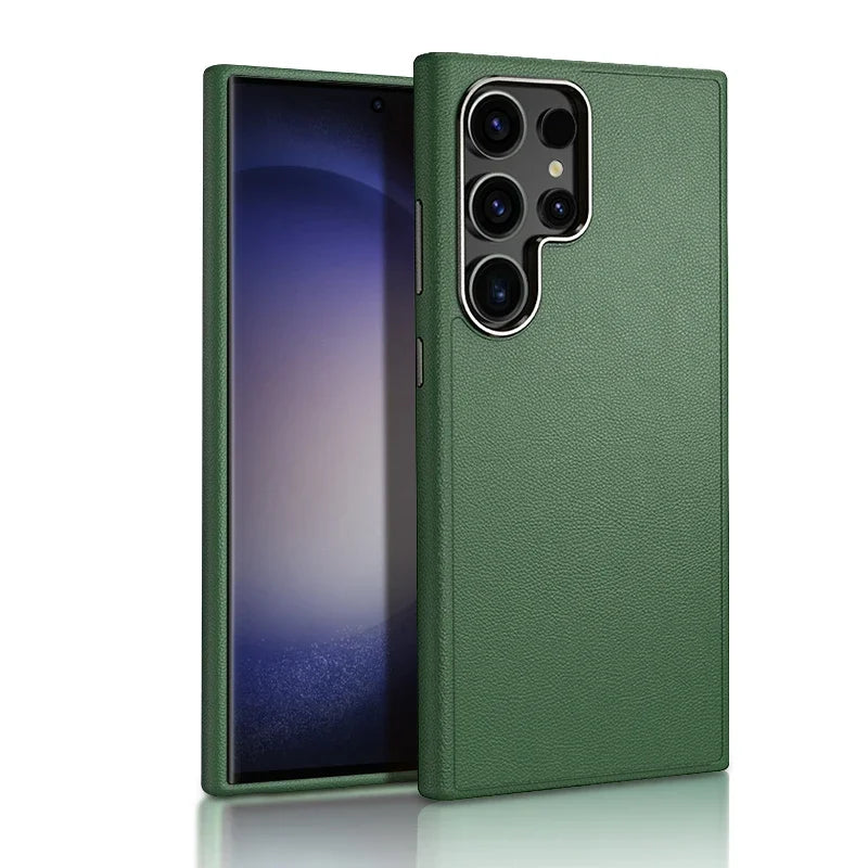 Samsung Galaxy S24 Ultra Slim Leather Shockproof Protection Case with Metar Camera Protection - Green Mobile Case by CoverMeUp