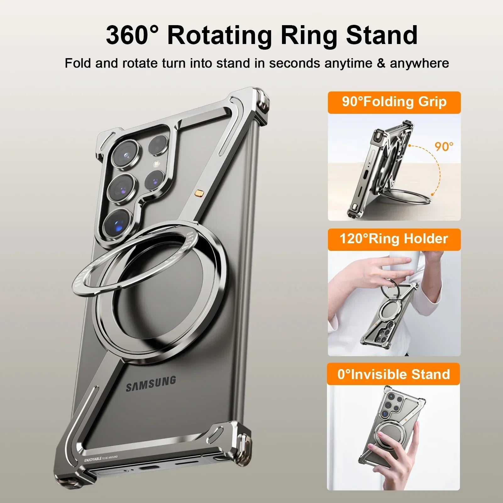 Samsung Galaxy S24 Ultra Z Shape Frameless Metal Bumper Case with Built-in Magsafe & 360° Rotation Ring - Titanium Mobile Case by CoverMeUp - Style 3