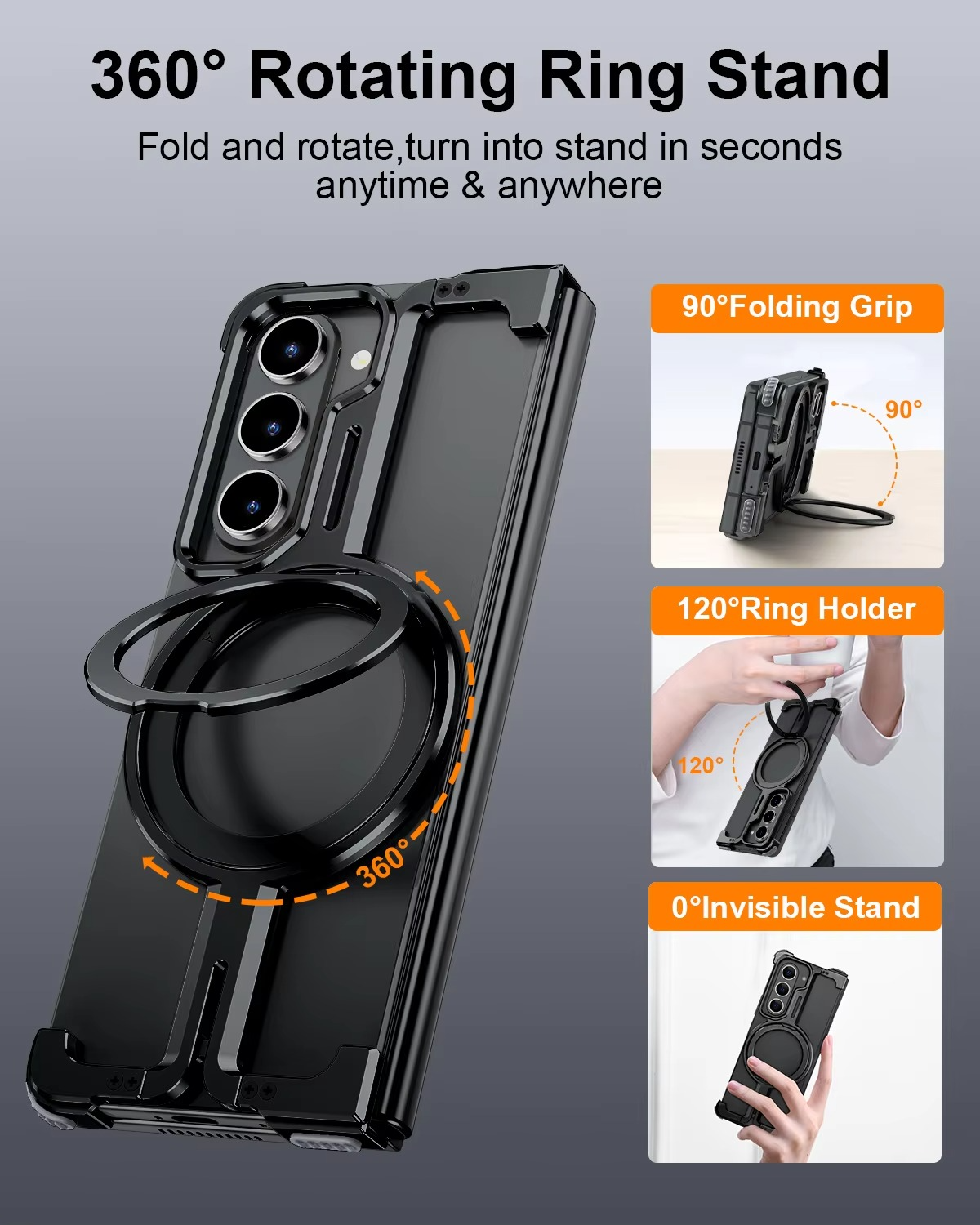 Samsung Galaxy Z Fold 7 Framless T Shape Metal Bumper with Magsafe & 360° Rotation Ring - Black