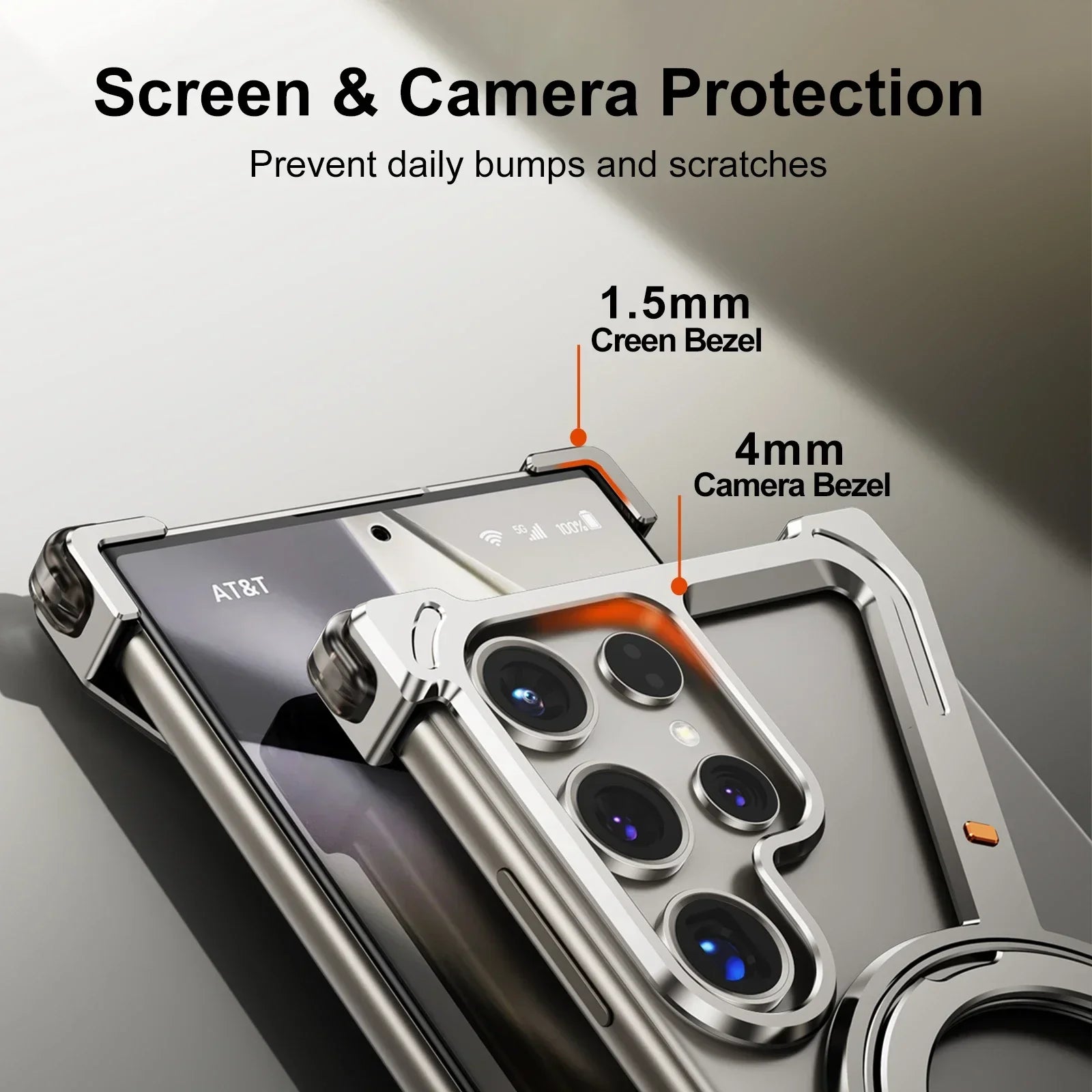 Samsung Galaxy S24 Ultra Z Shape Frameless Metal Bumper Case with Built-in Magsafe & 360° Rotation Ring - Titanium Mobile Case by CoverMeUp - Style 4