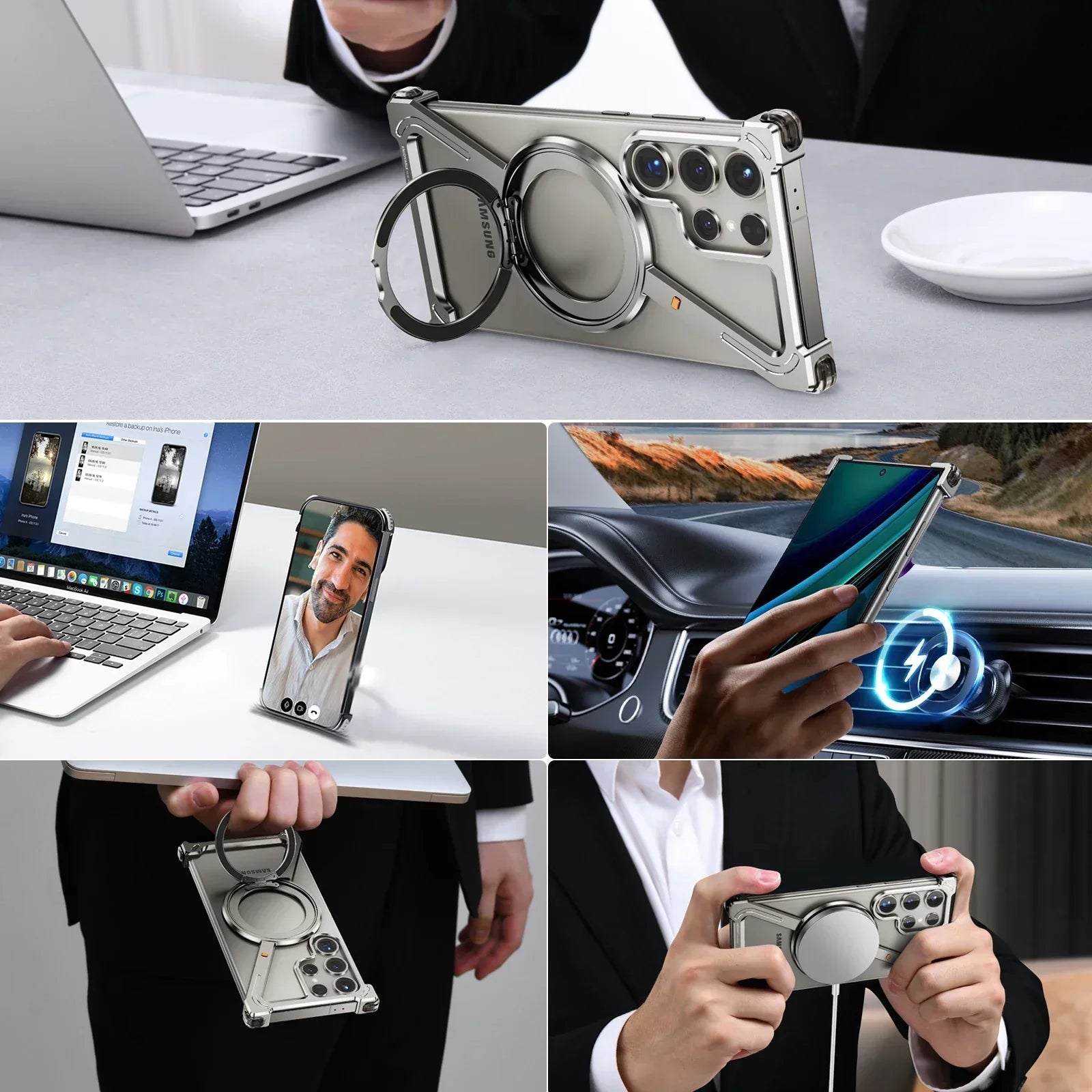 Samsung Galaxy S24 Ultra Z Shape Frameless Metal Bumper Case with Built-in Magsafe & 360° Rotation Ring - Titanium Mobile Case by CoverMeUp - Style 6
