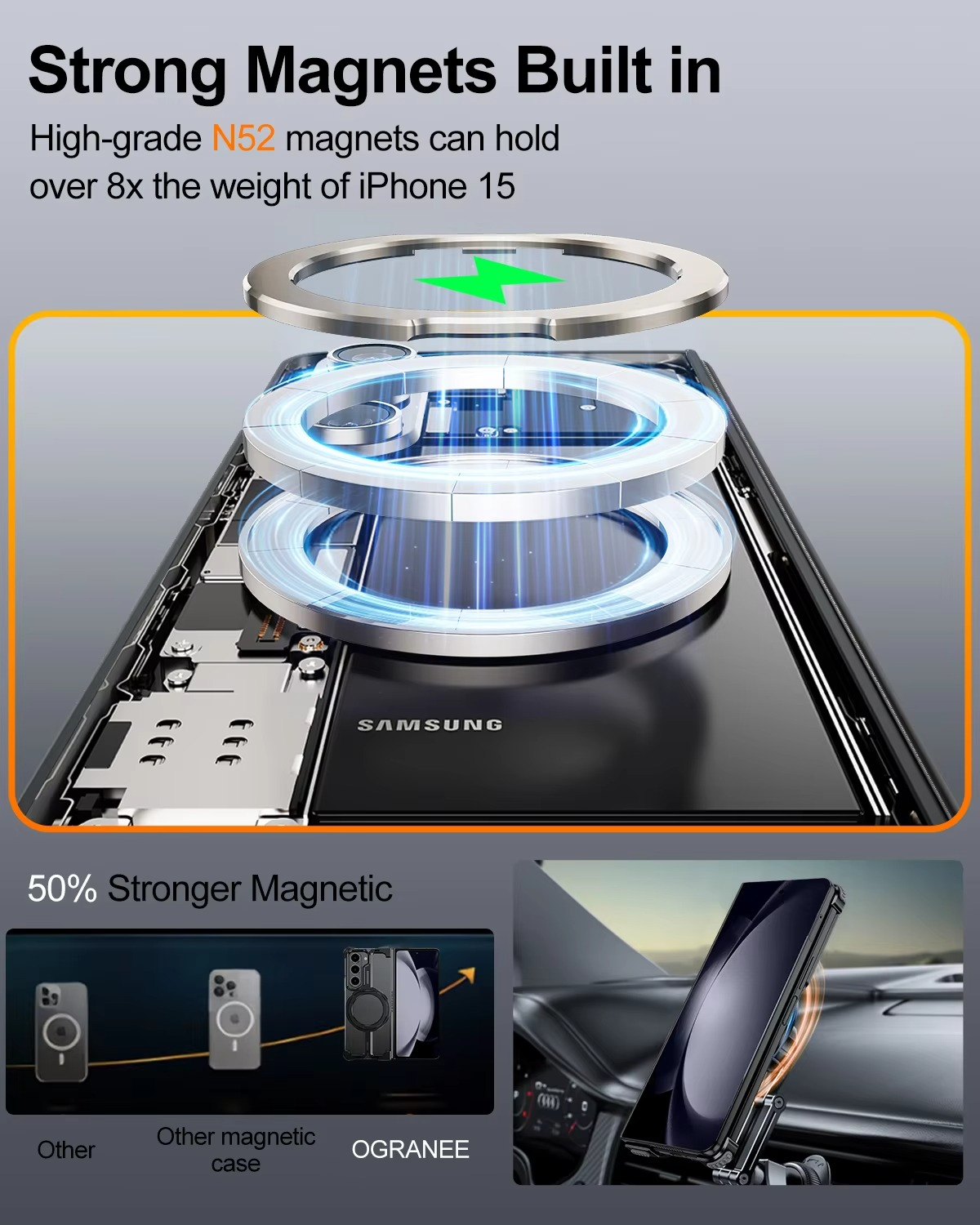 Samsung Galaxy Z Fold 7 Framless T Shape Metal Bumper with Magsafe & 360° Rotation Ring - Black