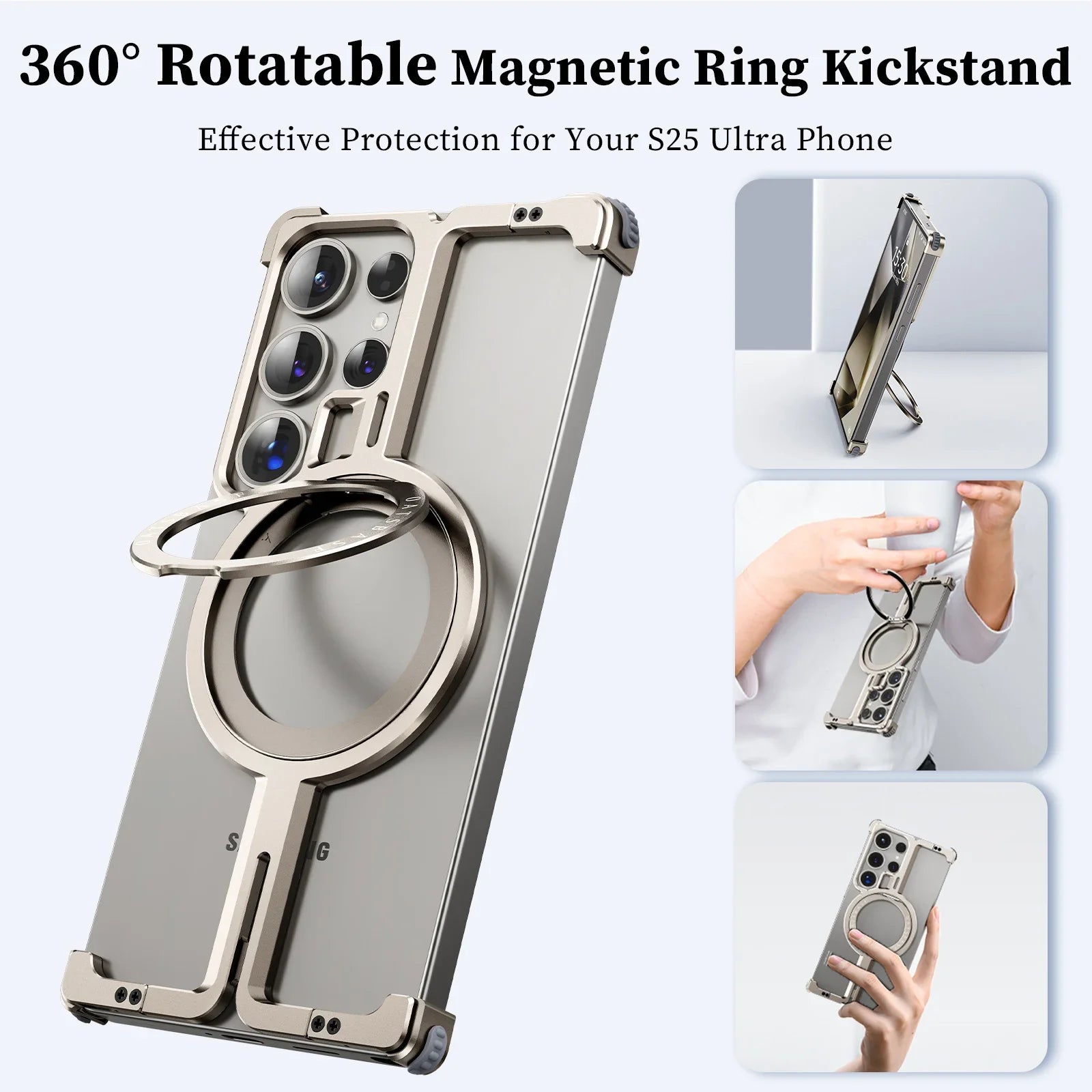 Samsung Galaxy S25 Ultra Frameless Metal Shockproof Bumper Case with Magsafe & 360° Rotatable Ring Kickstand - Desert Mobile Case by CoverMeUp - Style 7