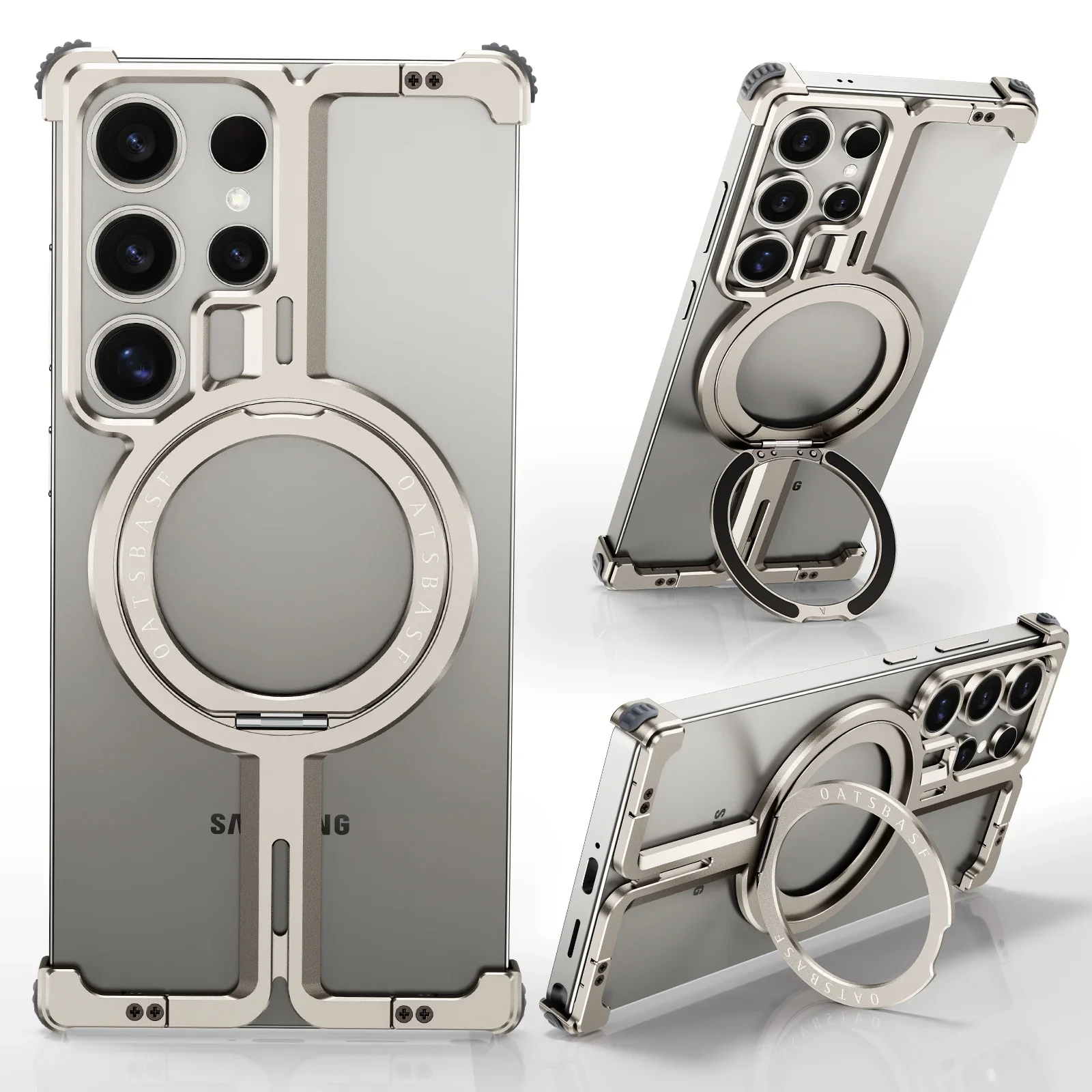 Samsung Galaxy 24 Ultra Metal Bumper Case with 360° Rotatable Magnetic Kickstand Ring - Titanium Mobile Case by CoverMeUp - Style 2