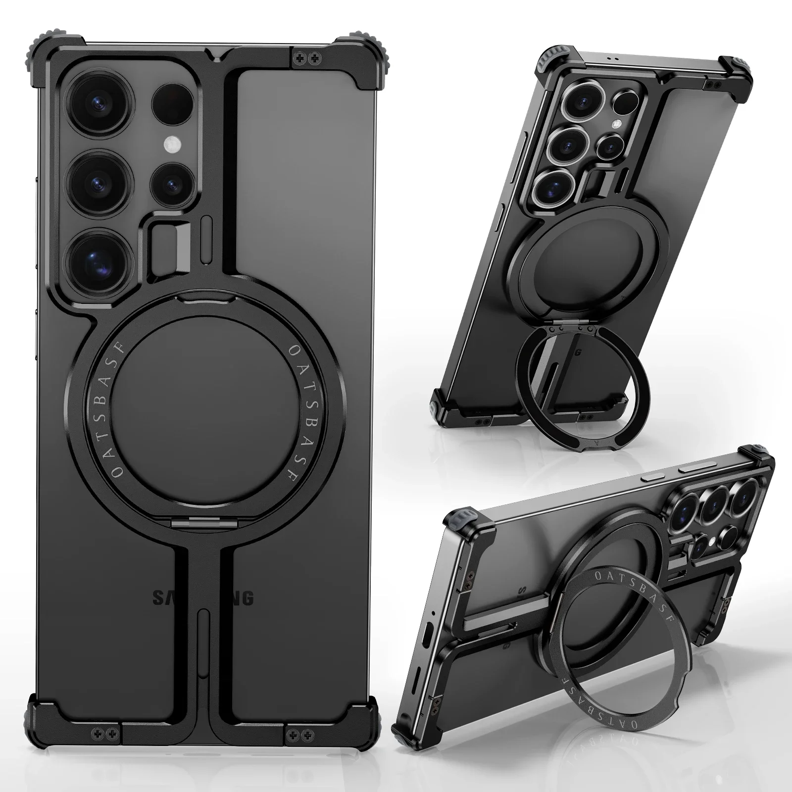Samsung Galaxy 24 Ultra Metal Bumper Case with 360° Rotatable Magnetic Kickstand Ring - Black Mobile Case by CoverMeUp - Style 2