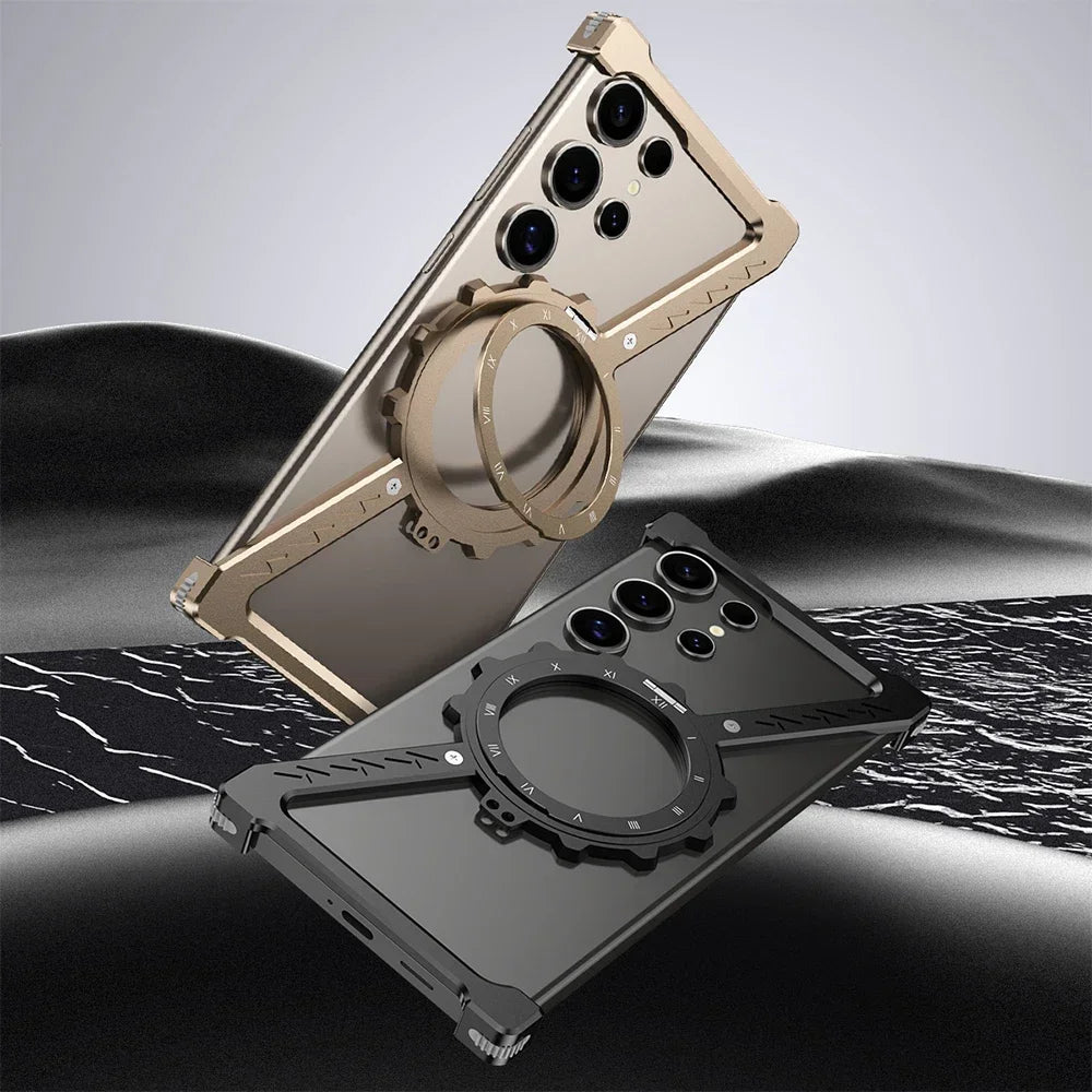 Samsung Galaxy S24 Ultra Luminous Metal Frame Z Shape Borderless Bumper Case with Built-in 360° Rotation Holder - Gray Mobile Case by CoverMeUp - Style 5