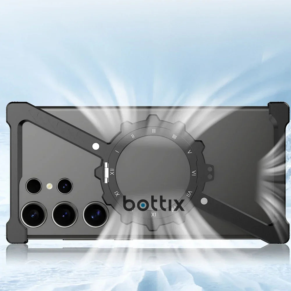 Samsung Galaxy S24 Ultra Luminous Metal Frame Z Shape Borderless Bumper Case with Built-in 360° Rotation Holder - Gray Mobile Case by CoverMeUp - Style 3
