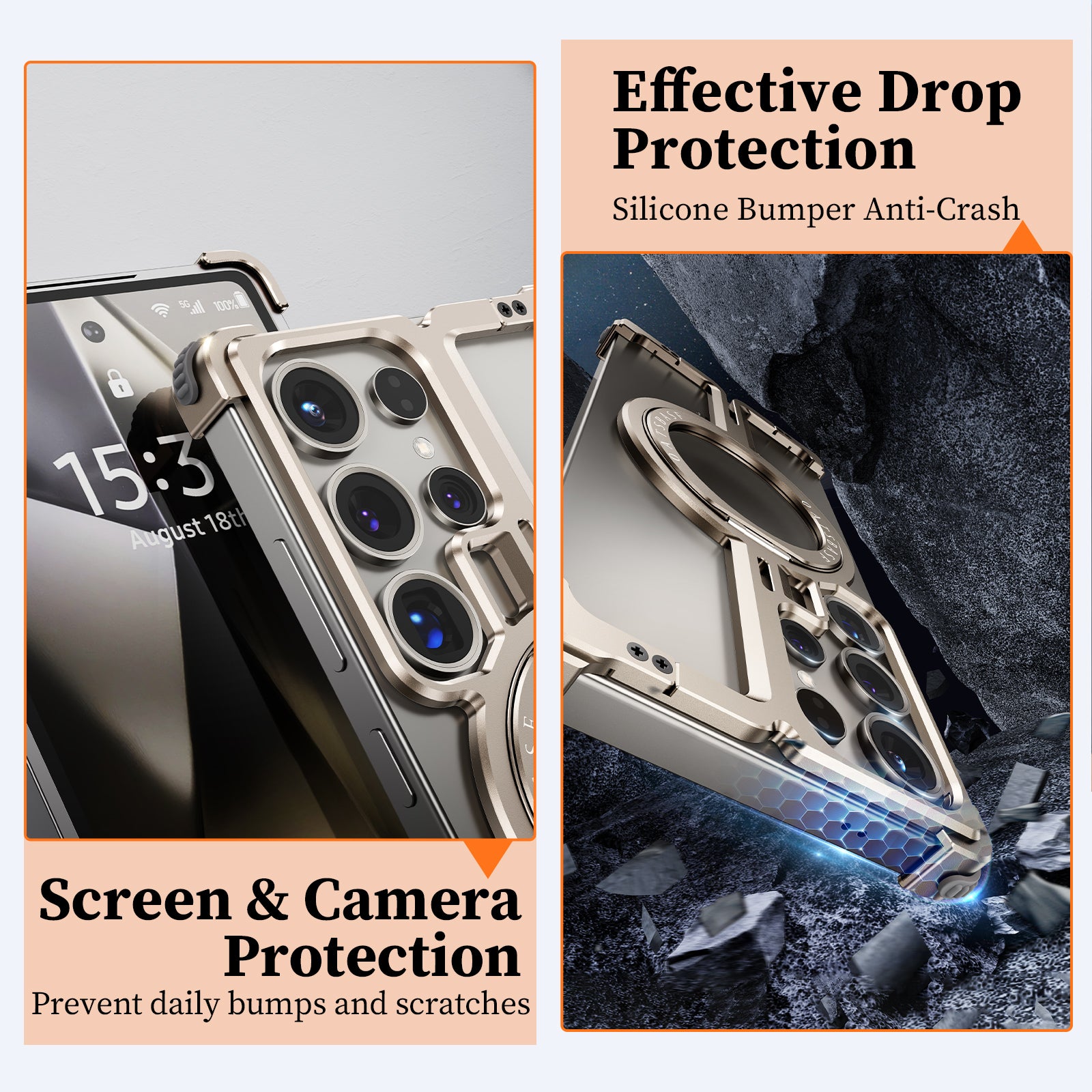 Samsung Galaxy S25 Ultra Frameless Metal Shockproof Bumper Case with Magsafe & 360° Rotatable Ring Kickstand - Desert Mobile Case by CoverMeUp - Style 4