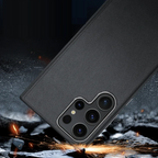 Samsung Galaxy S24 Ultra Slim Leather Shockproof Protection Case with Metar Camera Protection-Black Mobile Case by CoverMeUp - Style 7