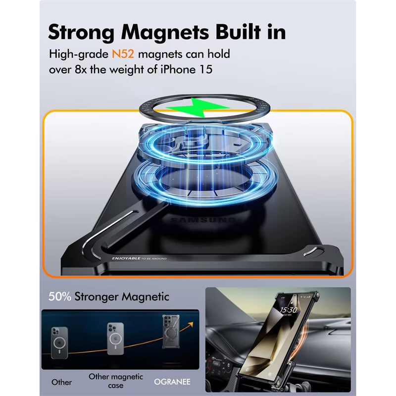 Samsung Galaxy S24 Ultra Z Shape Frameless Metal Bumper Case with Built-in Magsafe & 360° Rotation Ring - Black Mobile Case by CoverMeUp - Style 6