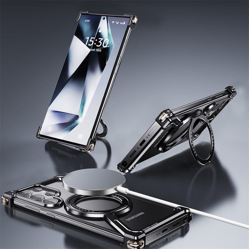 Samsung Galaxy S24 Ultra Z Shape Frameless Metal Bumper Case with Built-in Magsafe & 360° Rotation Ring - Black Mobile Case by CoverMeUp - Style 7