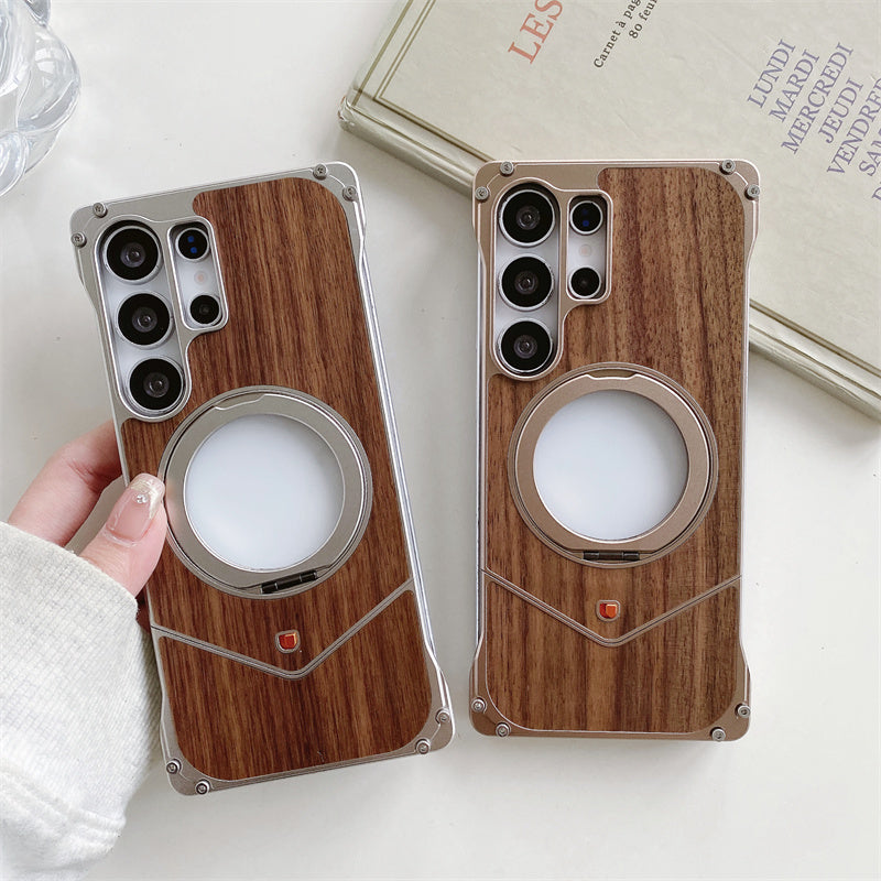 Samsung Galaxy S25 Ultra Wooden Metal Bumper Case with Magsafe & Ring - Brown Mobile Case by CoverMeUp - Style 2