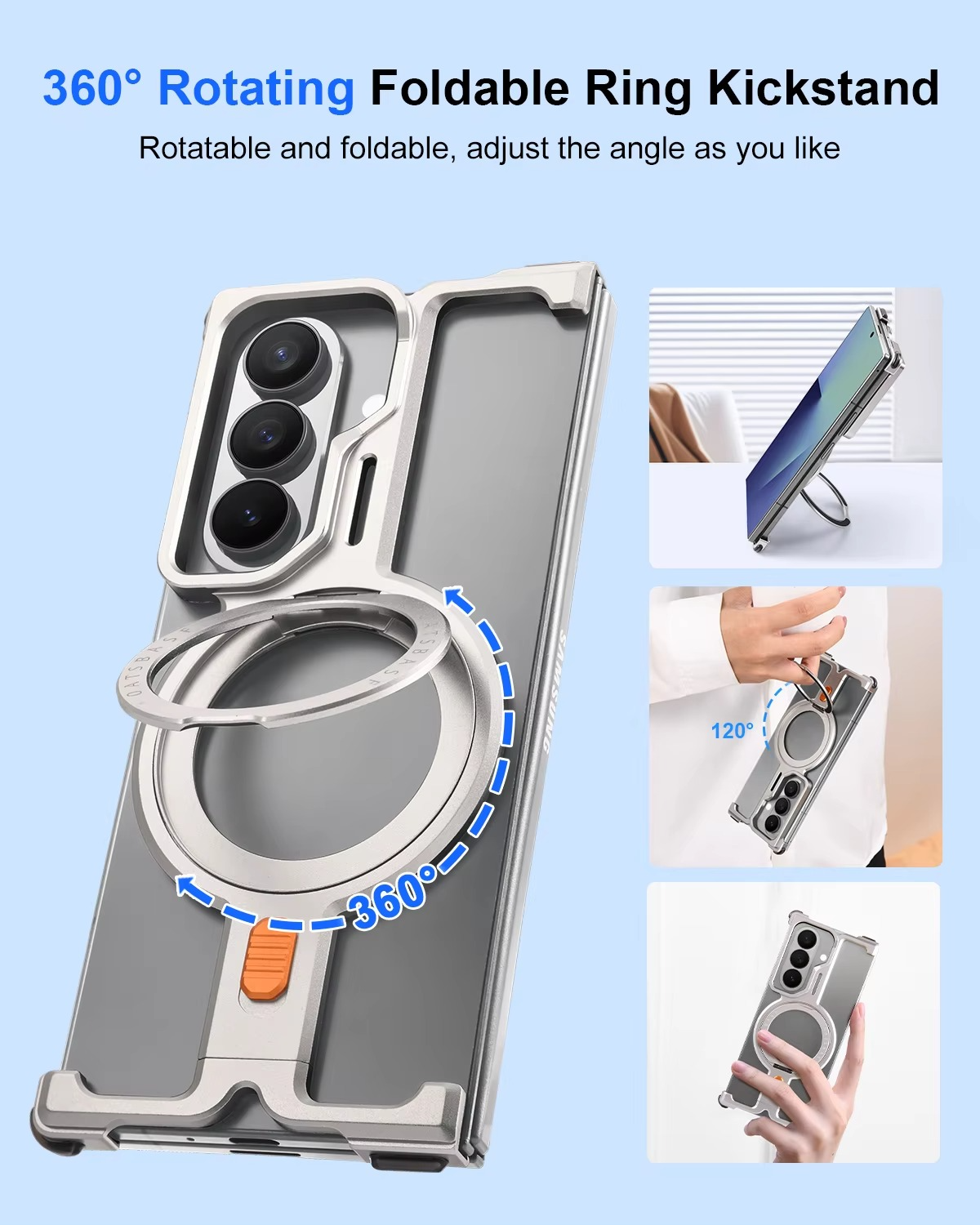Samsung Galaxy Z Fold 7 Framless T Shape Metal Bumper with Magsafe & 360° Rotation Ring - Silver