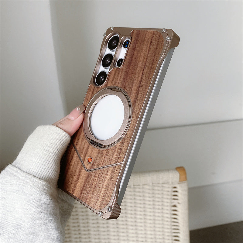 Samsung Galaxy S25 Ultra Wooden Metal Bumper Case with Magsafe & Ring - Brown Mobile Case by CoverMeUp - Style 10