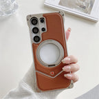 Samsung Galaxy S25 Ultra Leather Metal Bumper Case with Magsafe & Stand - Brown Mobile Case by CoverMeUp