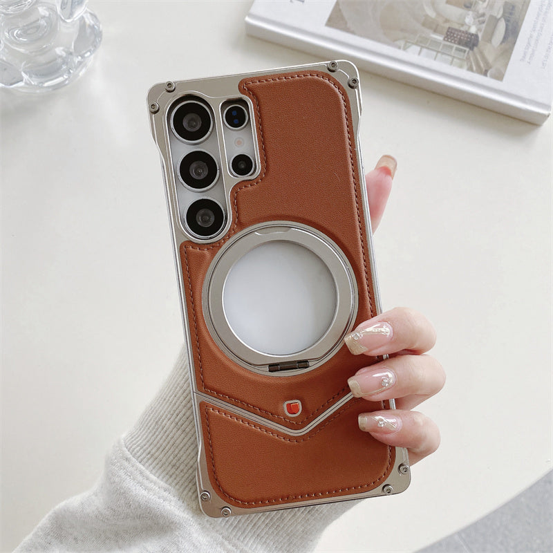 Samsung Galaxy S25 Ultra Leather Metal Bumper Case with Magsafe & Stand - Brown Mobile Case by CoverMeUp