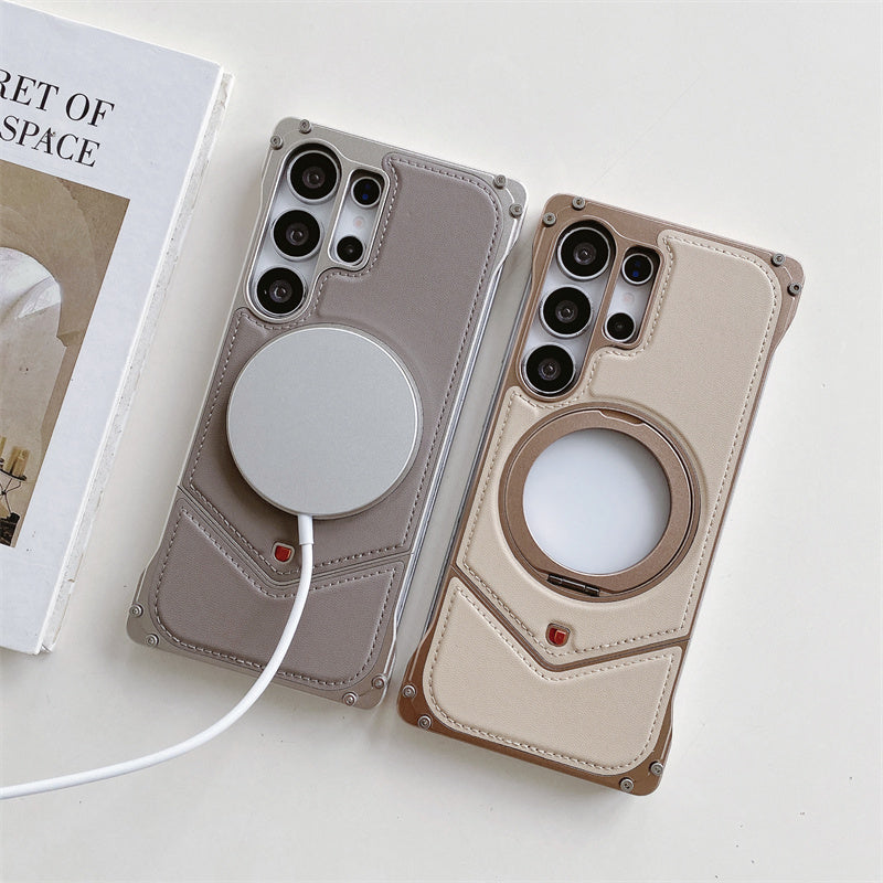 Samsung Galaxy S25 Ultra Leather Metal Bumper Case with Magsafe & Stand - Desert Mobile Case by CoverMeUp - Style 2