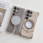 Samsung Galaxy S25 Ultra Leather Metal Bumper Case with Magsafe & Stand - Brown Mobile Case by CoverMeUp - Style 8