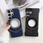 Samsung Galaxy S25 Ultra Leather Metal Bumper Case with Magsafe & Stand - Black Mobile Case by CoverMeUp - Style 8