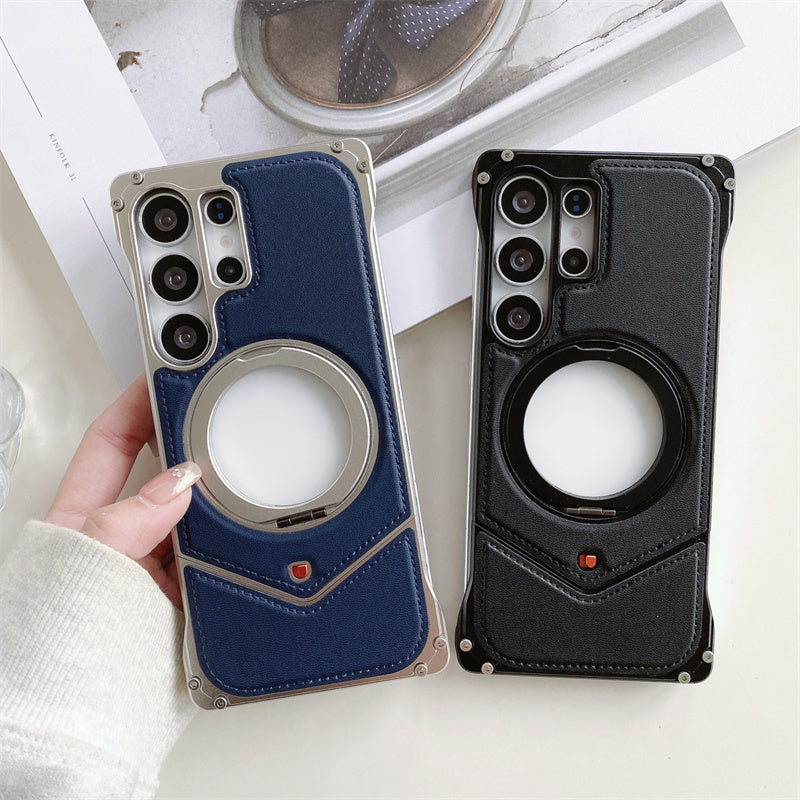 Samsung Galaxy S25 Ultra Leather Metal Bumper Case with Magsafe & Stand - Black Mobile Case by CoverMeUp - Style 8