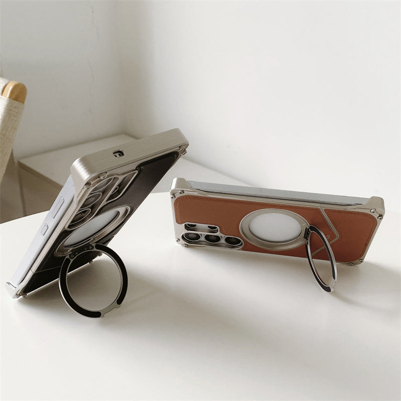 Samsung Galaxy S25 Ultra Leather Metal Bumper Case with Magsafe & Stand - Brown Mobile Case by CoverMeUp - Style 9