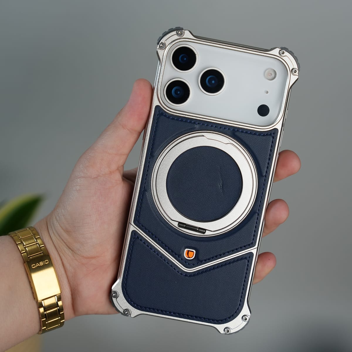 iPhone 17 Series Premium Blue Carbon Design Aluminium Metal Snap On Rotating Stand case